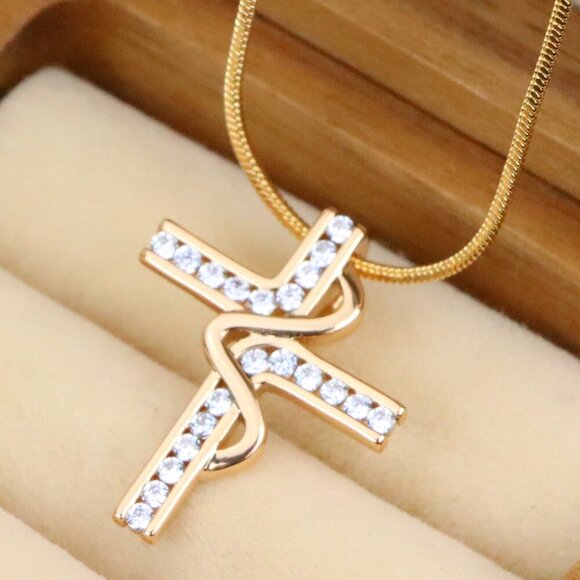 "Rose Gold Cross Pendant with Elegant Criss-Cross Cubic Detailing, XPPT1240 - Picture 1 of 13
